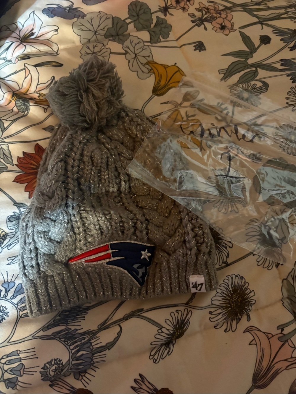 47 Brand Kids Gray Knit Pom Beanie with Patriots Logo